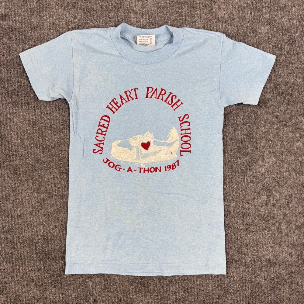Tee Jays T-Shirt Kids Size Large Blue 1987 Sacred Heart Jog-A-Thon Vintage USA